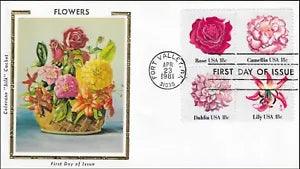 Rose Camellia Dahlia Lily Flowers USA Colorano Silk 1876 Cachet FDC BLK 1981