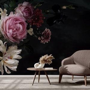 Dark Floral Wallpaper with Bouquet of Flowers, Pink Peonies and Roses, Wall Mural, Removable Wallpaper, Self Adhesive, Wall Decor