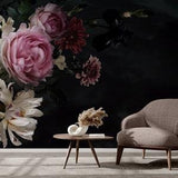 Dark Floral Wallpaper with Bouquet of Flowers, Pink Peonies and Roses, Wall Mural, Removable Wallpaper, Self Adhesive, Wall Decor