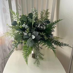 Fern greenery bridal bouquet, sage eucalyptus wedding bouquet, boho wedding flowers, lambs ear garden faux bridesmaids bouquet boutonni¡§¡§res