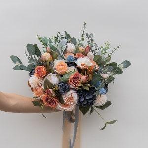 Boho Orange Dusty Blue Wedding Boho Bridal Bouquet Rust Blue Ivory Wedding Bouquet Dusty Greenery Artificial Faux Flowers Bridesmaid Bouquet