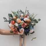 Boho Orange Dusty Blue Wedding Boho Bridal Bouquet Rust Blue Ivory Wedding Bouquet Dusty Greenery Artificial Faux Flowers Bridesmaid Bouquet
