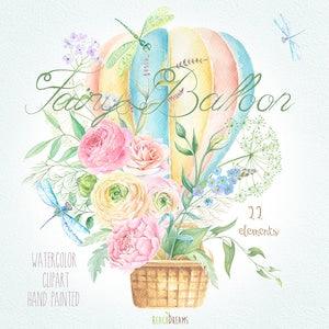 Watercolor Fairy Balloon with Flowers and Herbs, Hand Painted Clip Art  Wedding invite, Greeting card, DIY, Baby Shower, Ranunculus, Roses
