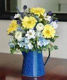 Vintage Blue Graniteware Enamel Coffee Pot with Silk Gerbera Daisy Arrangement