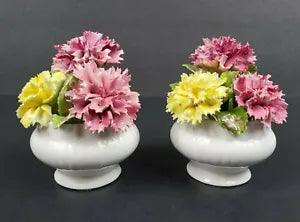 Vintage Royal Dover Ornately Ruffled Carnation Flowers in a Pot 3 3/4" Set of 2