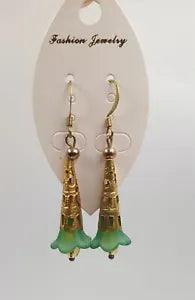 Vintage Green Lily Bell Flower Dangle Earrings Embellished with Brass NWT