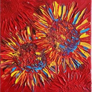 Sunflowers at Sunset. Abstract flowers. Acrylic palette knife painting. Bright handmade art. Heavily textured. Original artwork. Unique gift