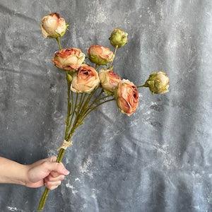 9 Heads Dried Look Ranunculus Bouquet | Artificial Flower | DIY Floral | Wedding/Occasion/Home Decoration | Gifts - Orange
