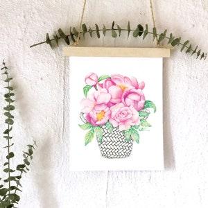 Peonies basket illustration / Poster 8 x 10 and 5 x 7 inches bouquet of flowers / Boho style watercolor drawing / artwork by Katrinn Pelletier