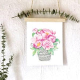 Peonies basket illustration / Poster 8 x 10 and 5 x 7 inches bouquet of flowers / Boho style watercolor drawing / artwork by Katrinn Pelletier