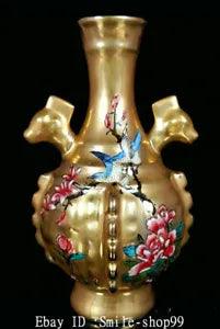 7.5" Old China Song Dynasty Ru Kiln Porcelain Gild Peony Flower Bird Vase Bottle