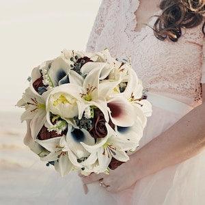 Tiger Lilies Burgundy Roses Navy Callas - Bridal or Bridesmaid Bouquet Groom Groomsmen Boutonniere Add Flower Crown Centerpiece & More!
