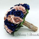 Silk Wedding Bouquets for bridal and bridesmaids, Dusty Rose Navy Rose Gold  Wedding Bouquets, Wedding Flowers with Rose gold Rhinestones