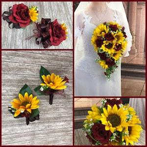 Artificial Burgundy Bridal Bouquet, Sunflower Bridal Bouquet Set, Sunflower and Burgundy Rose Bridal Flowers, Sunflower Wedding Flowers