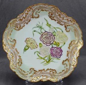 Limoges Hand Painted Signed Purple Yellow Carnations Pink Green & Gold Plate