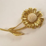 Vintage Large Flower Daisy Brooch,  Oversized Gold Floral Pin,  Pearl Statement Large Jewellery 1980s