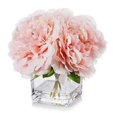 Artificial Peony Flowers Arrangements in Cube Glass Vase with Faux Water Pink