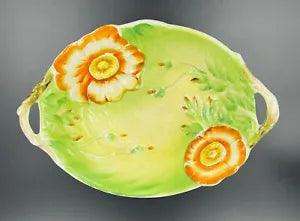 Vintage Peony Ware Bowl Tray Orange White & Green Flowers Japan Bone China 8x11???