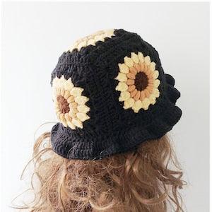 Crochet Bucket Hat, Black Bucket Hat, Bucket Hat Women, Adult Winter Hat, Crochet Beanie Women, Crochet Sunflower Bucket Hat, Retro Beanie