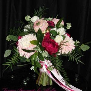 Boho Berry tones Spring wedding bouquet with Dahlias in variegated white/pink. Pink ranunculus, english/garden roses. Ferns and eucalyptus.