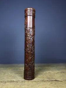 Old Tibetan Pear Wood Carved Incense Tube Peony Flower