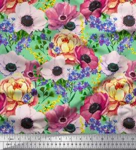Soimoi Green Cotton Poplin Fabric Peony & Anemone Floral Printed-W70