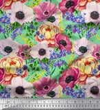 Soimoi Green Cotton Poplin Fabric Peony & Anemone Floral Printed-W70