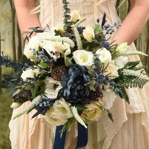 Celtic Charm blue, ivory, gold, emerald green anemone, ranunculus, thistle, Bridal Flowers/Bouquet/Bridesmaid/Buttonhole/Corsage/Boutonniere