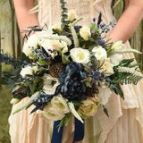 Celtic Charm blue, ivory, gold, emerald green anemone, ranunculus, thistle, Bridal Flowers/Bouquet/Bridesmaid/Buttonhole/Corsage/Boutonniere