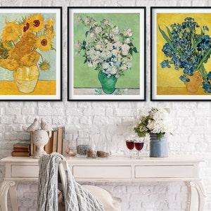 Set of 3 Vincent van Gogh Sunflowers Irises Roses Giclee Print Reproduction Painting Large Size Canvas Paper Wall Art Poster Ready to Hang