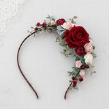 Burgundy blush flower headband, deep red rose flower crown, red floral hairpiece, bridesmaid headdress fascinator, bridal hair wreath halo