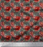 Soimoi Gray Japan Crepe Satin Fabric Leaves & Peony Floral Print-Z84