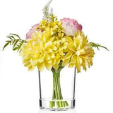 Artificial Flower Arrangement with Vase, Mixed Dahlia Peony Fake Flower Yellow