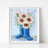 Blue Rain boots and Sunflowers Rustic Giclee ART PRINT, Wall Art, Farmhouse Decor, Flower Art, Modern farmhouse wall decor.