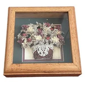 Vtg Dried Floral Flowers In Basket Shadow Box Art Framed  Handmade Signed  7"