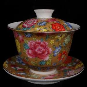 3.7" Collect Chinese Porcelain Gold Bottom Tree Peony Lotus Flower Ild Bowl