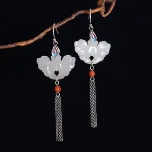 F05 Earrings Peony From White Jade Colourful Leaf Agate Silver 925 Tassel