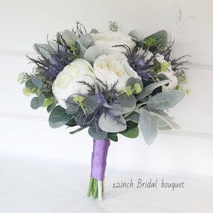 Scottish artificial ivory peony bridal bouquet,Wedding thistle bouquet,Blue faux flower bridesmaid bouquet, Navy thistle flower girl bouquet