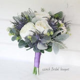 Scottish artificial ivory peony bridal bouquet,Wedding thistle bouquet,Blue faux flower bridesmaid bouquet, Navy thistle flower girl bouquet