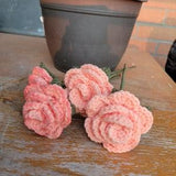 Artificial crochet roses on a stem, fragrance free and great for home decor or bridal bouquets