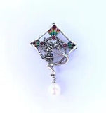 Sterling Silver Arts & Craft Lily Plique a Jour Ruby & Pearl 2in1 Brooch Pendant