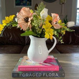 White metal water pitcher handmade faux bouquet, real touch white Tulips, blush pink Poppies, yellow Freesia and Ranunculus, white Lilies,