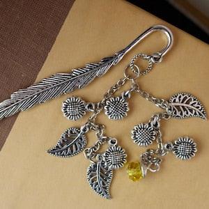 Field of Sunflowers Silver Finish Feather Bookmark with Tibetan Silver Sunflower Charms, Tibetan Silver Leaves, Golden Swarovski Crystal