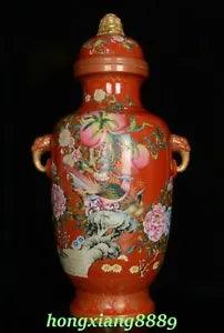24.4"Old Qing Dynasty Enamel Colour Porcelain Gilt Bird Peony Flower Bottle Vase