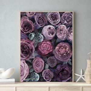 Victorian Painting, Bouquet Watercolor, Lavender Collage Poster, Peony & Roses Art Print, 9x12, 10x13 Moody Flower Decor, Dark Floral Art