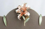 Tiger Lily Enamel Clear Rhinestone Brooch & Matching Leaf Earrings Set - RARE!