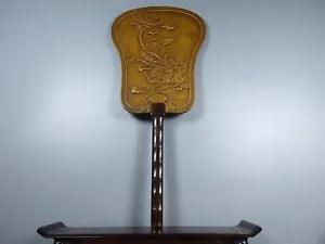 Old Tibetan Bamboo Yellow Carved Fan Uterine Fan Flower Bird Peony