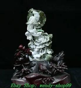 20" Natural Emerald Jadeite Green Jade Phoenix Peony Flower Bird Moon Statue