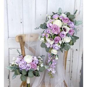 Purple White Cascading Wedding Bouquet, Lavender Bridal Bouquet, Boho Wedding, Made with Rose, Calla Lily, Delphinium and Peonies