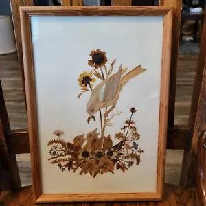 "Mother Bird Feeding Her Young" - Dried Flower Art Picture - 9" X 12.75"
